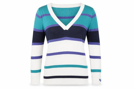 Front view of Mango BASICS women’s multicoloured striped jumper, size M