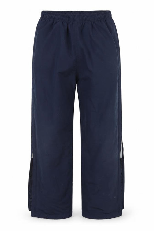 Front view of Preworn men’s blue jogger trousers, size 28, in, 27-inch leg - zip detail on side