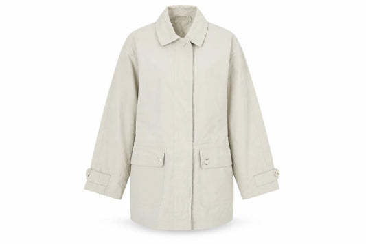 Front view of Preworn women’s beige overcoat coat, size M