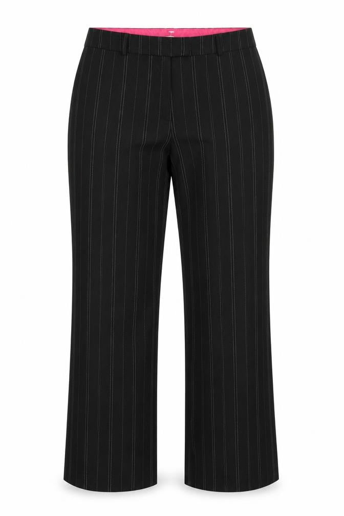 Front view of AMARANTO women’s black striped trousers, size UK 14, 27.5-inch leg