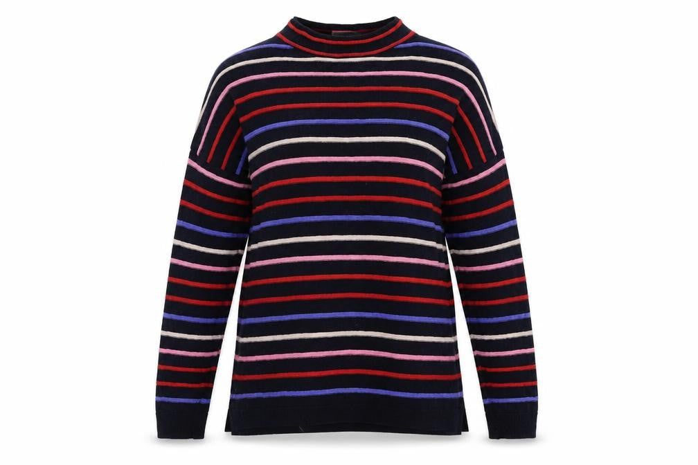 Front view of Warehouse women’s multicoloured striped knit jumper, size UK 8
