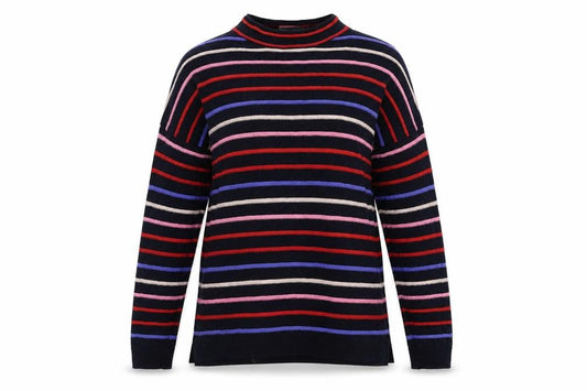 Front view of Warehouse women’s multicoloured striped knit jumper, size UK 8