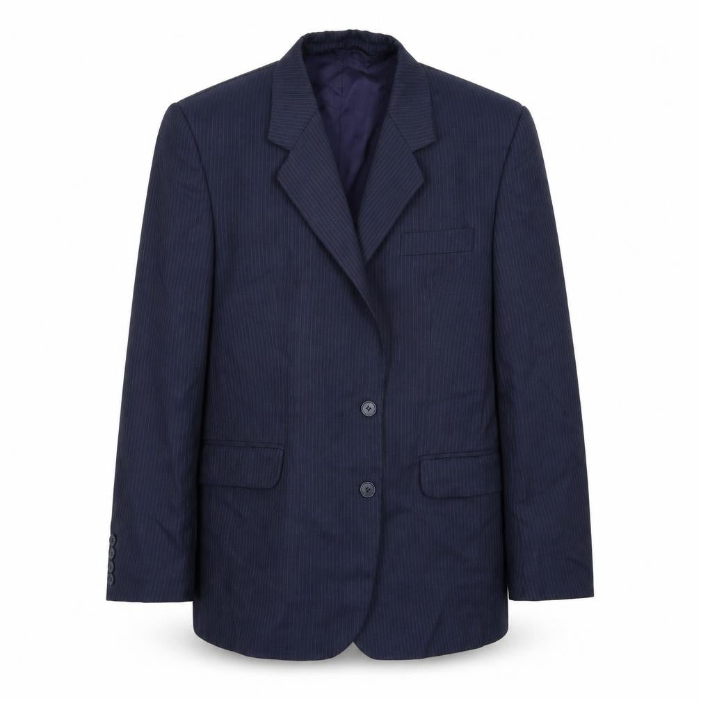 Front view of Preworn men’s blue striped jacket blazer, size M
