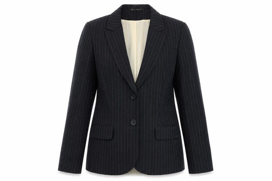 Front view of BHS women’s black striped jacket blazer, size UK 14