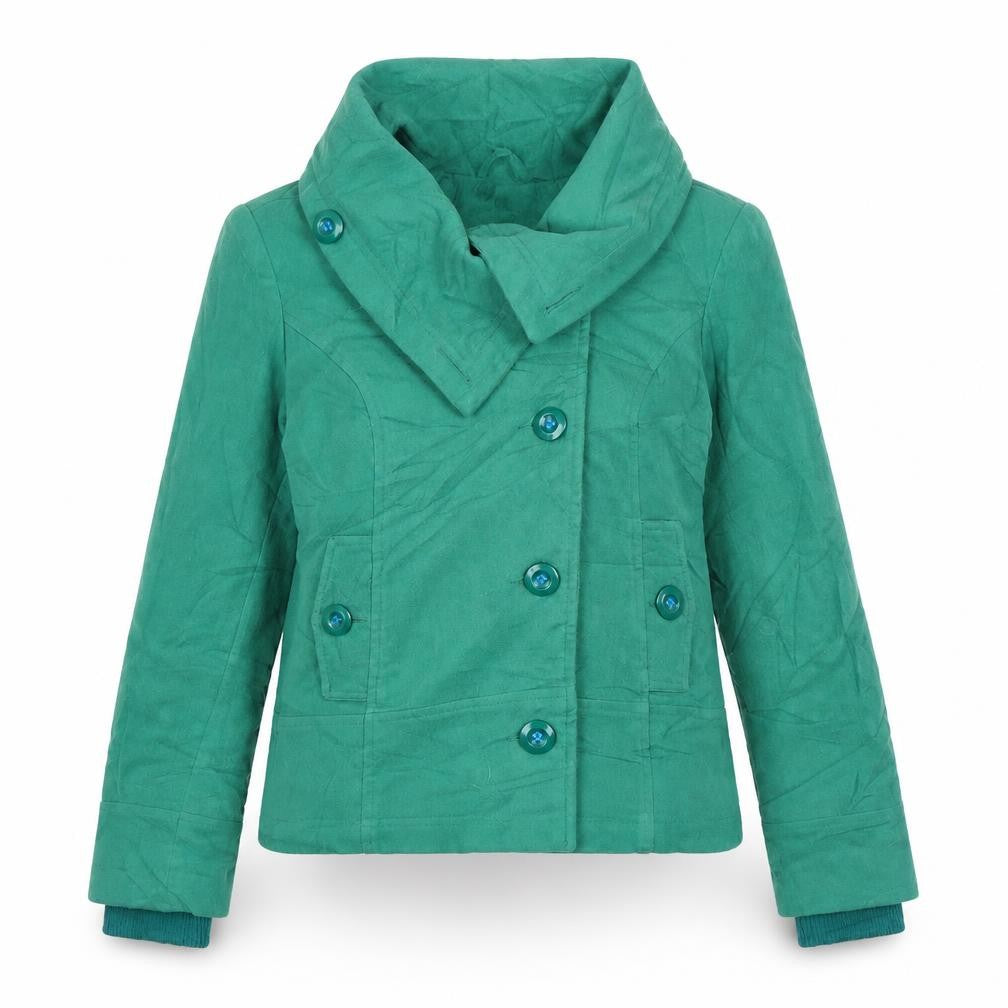 Front view of Fresh Made women’s green jacket coat, size L