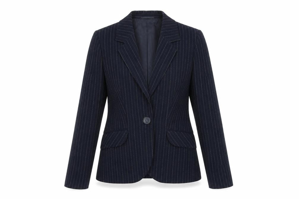 Front view of Precis women’s blue striped jacket blazer, size UK 10