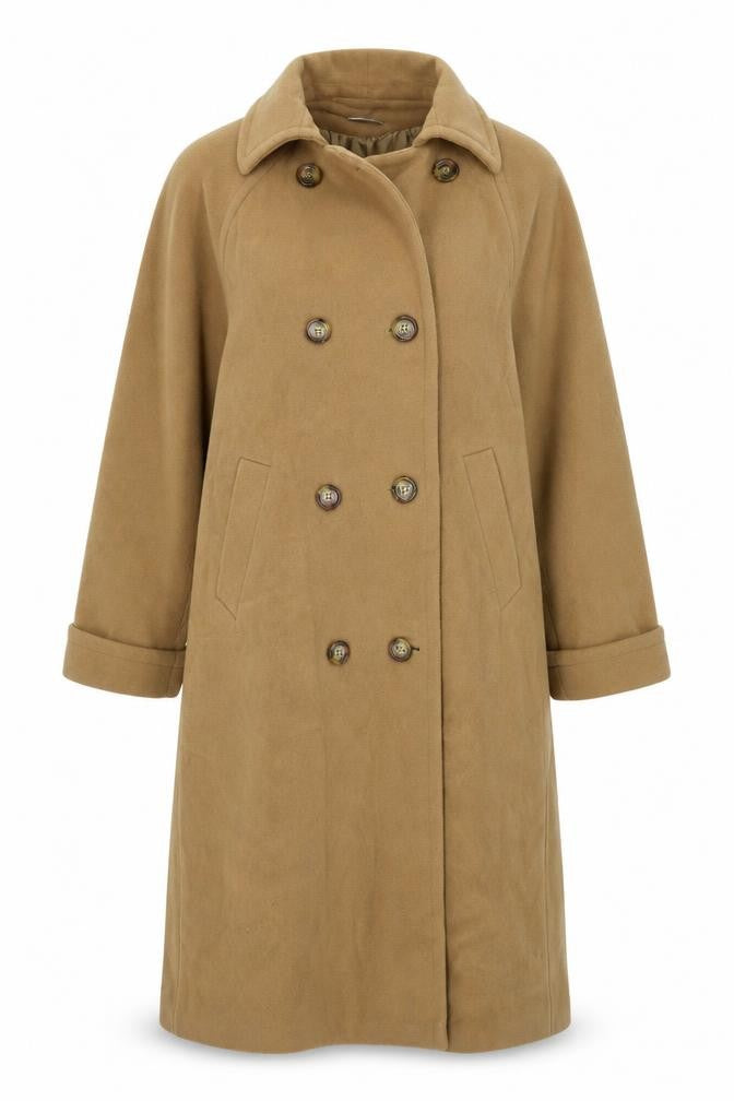 Front view of DAMO women’s brown overcoat coat, size UK 10