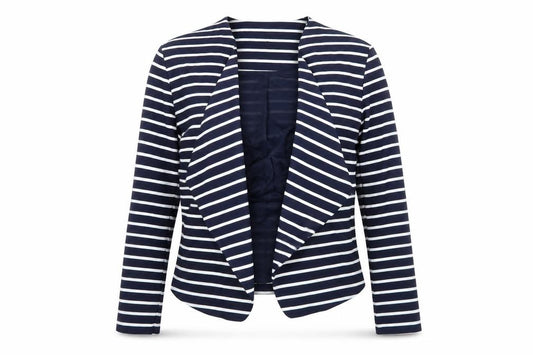 Front view of New Look women’s blue striped jacket, size UK 6