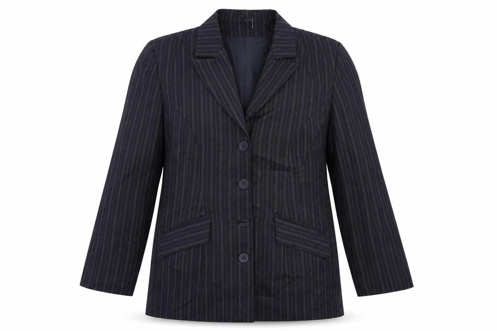 Front view of Essence women’s blue striped jacket suit jacket, size UK 18