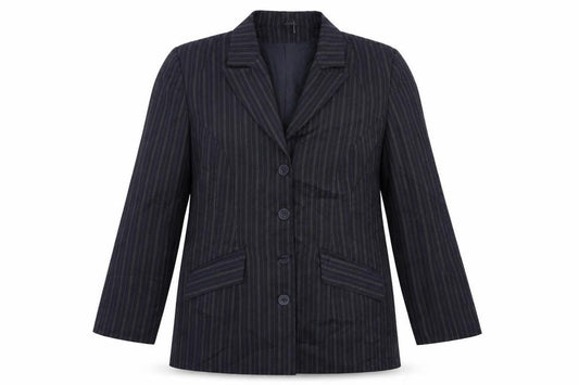 Front view of Essence women’s blue striped jacket suit jacket, size UK 18