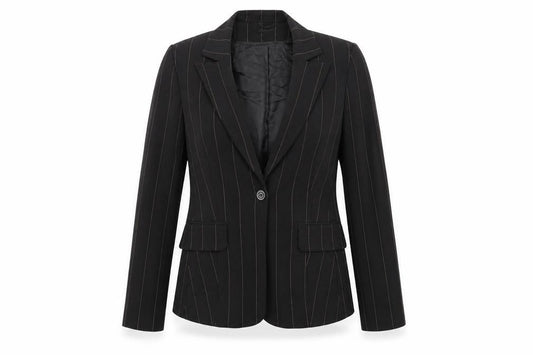Front view of St Bernard women’s black striped jacket blazer, size UK 12