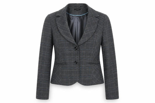 Front view of Linea women’s grey check jacket, size UK 10