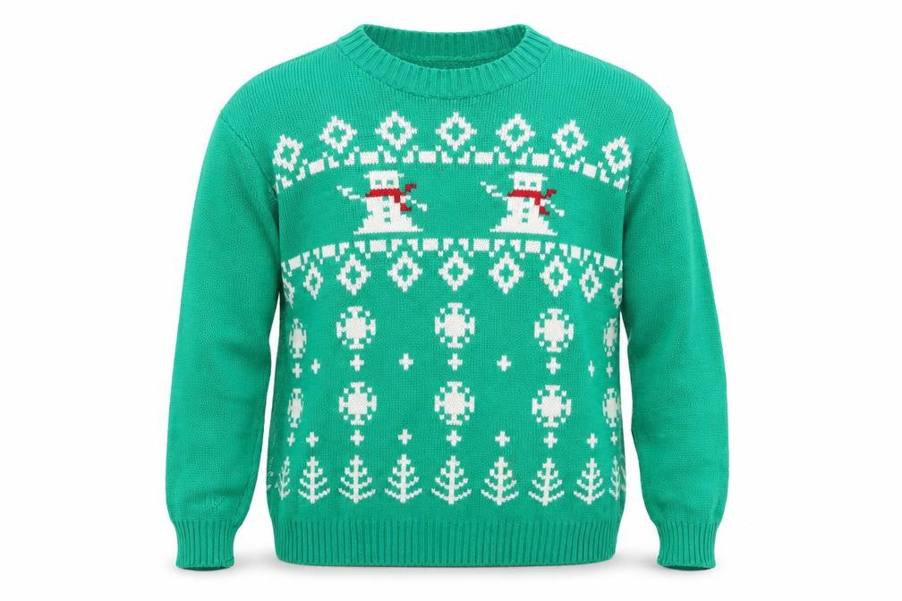 Front view of Next Level men’s green knit jumper, size M, - christmas jumper