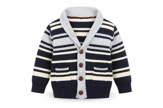 Front view of Rebel boys’ blue striped knit cardigan jumper, size 24, months