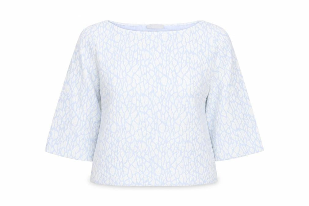 Front view of Pure women’s blue geometric jumper, size UK 14