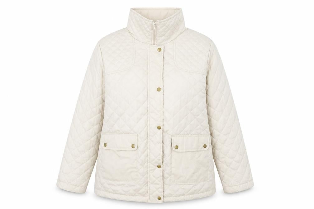 Front view of Preworn women’s beige jacket, size UK 14