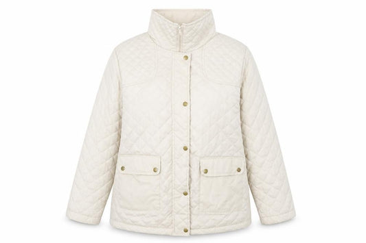 Front view of Preworn women’s beige jacket, size UK 14