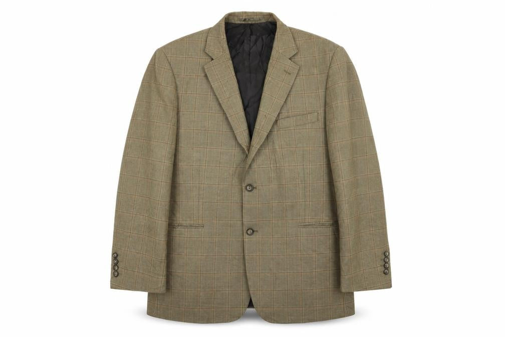 Front view of brook tavern men’s beige check jacket blazer, size 44