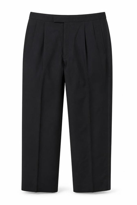 Front view of Preworn men’s black trousers, size 32, in, 28-inch leg