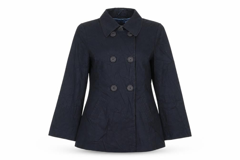 Front view of Per Una women’s blue jacket coat, size UK 14