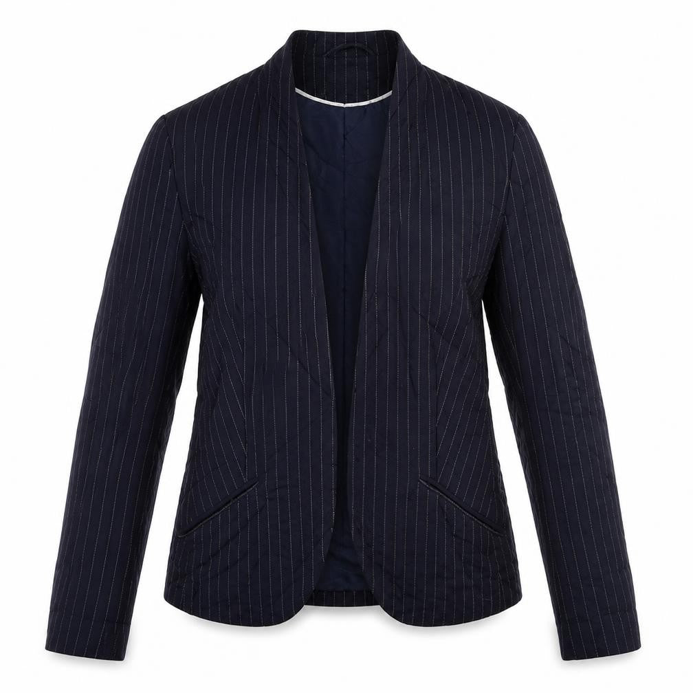 Front view of H&M women’s blue striped jacket blazer, size UK 10
