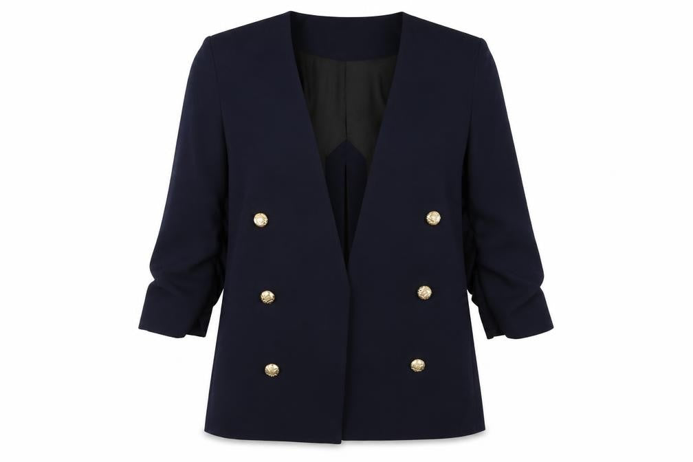 Front view of River Island women’s blue jacket suit jacket, size UK 8, - split back, ruched sleeve