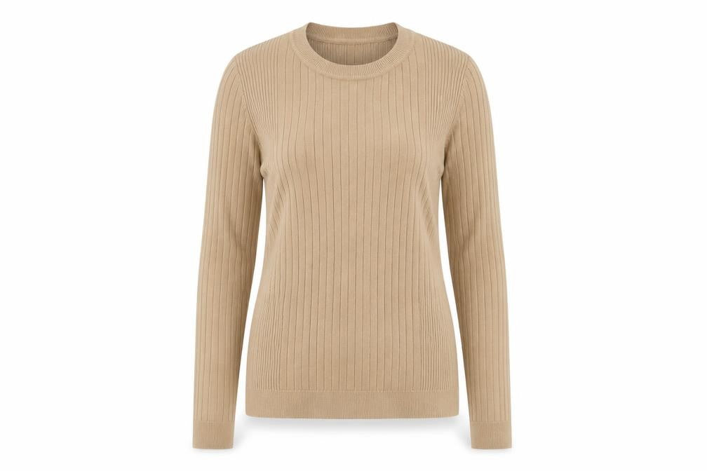 Front view of New Look women’s beige striped jumper, size UK 16