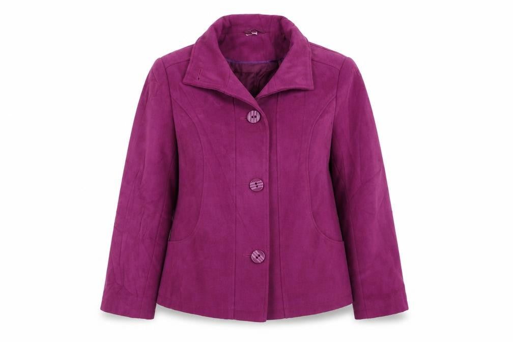Front view of Eleganze women’s purple jacket coat, size UK 16