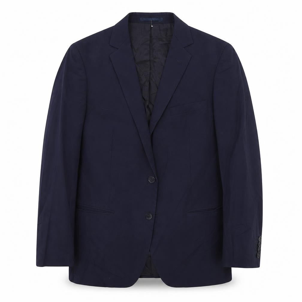 Front view of lagerfeld men’s blue jacket suit jacket, size 38