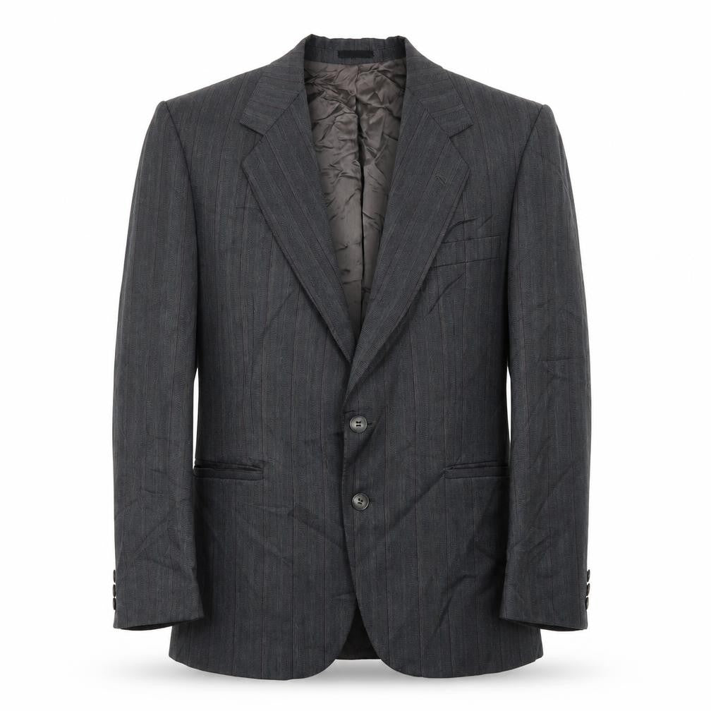 Front view of George Arthur Dunn men’s grey striped jacket suit jacket, size 38