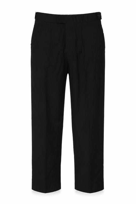 Front view of Preworn men’s black trousers, size 32, in, 26-inch leg