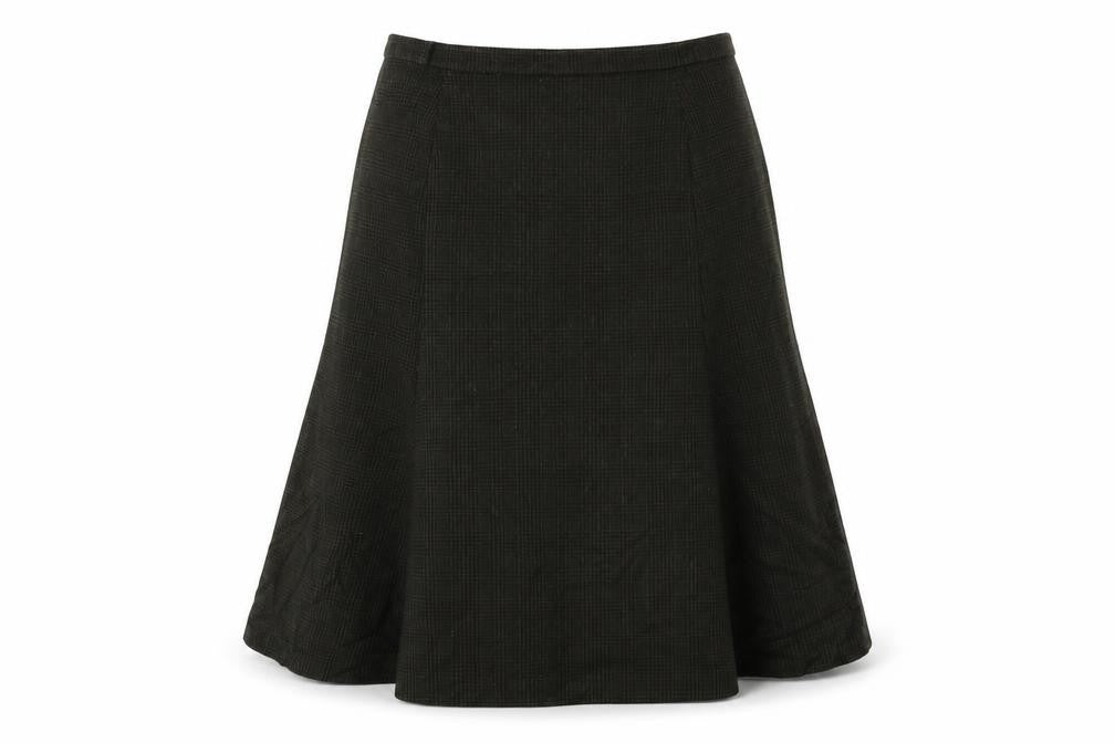 Front view of Preworn women’s brown check a-line skirt, size UK 32, in