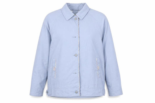 Front view of David Barry women’s blue jacket coat, size UK 18