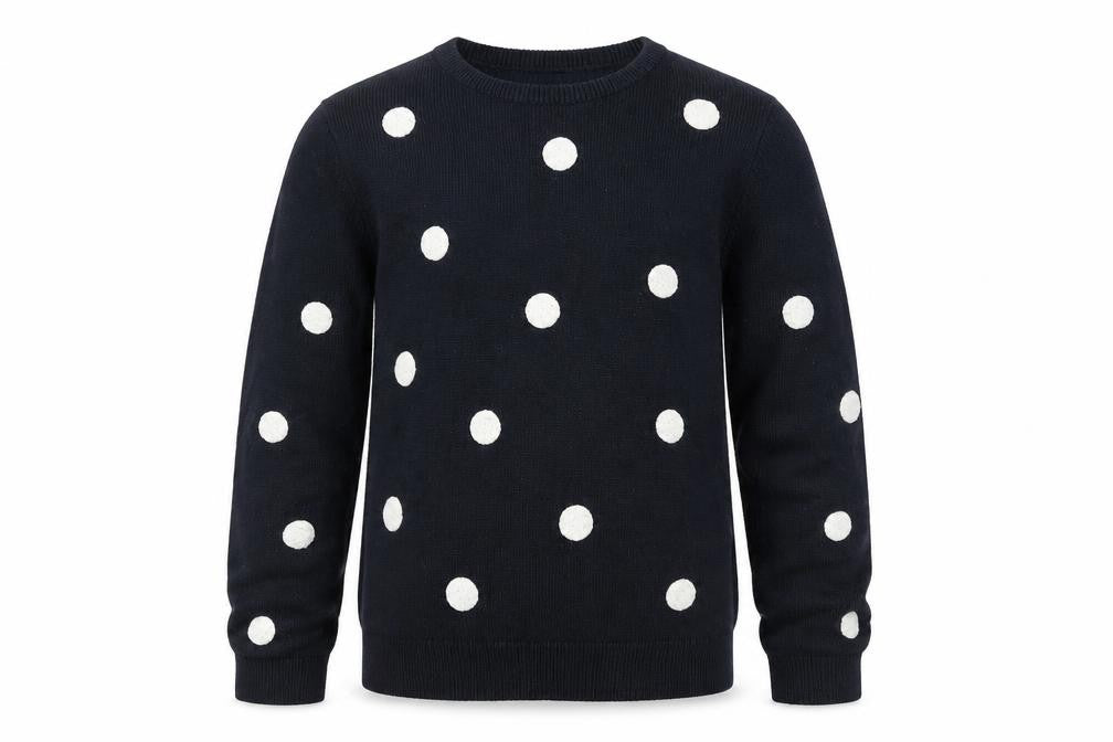 Front view of H&M girls’ blue polka dot jumper, size 5, years