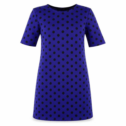 Front view of Ofelia women’s blue polka dot jumper dress, size M