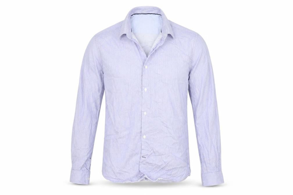 Front view of Burton men’s blue button-up, size M