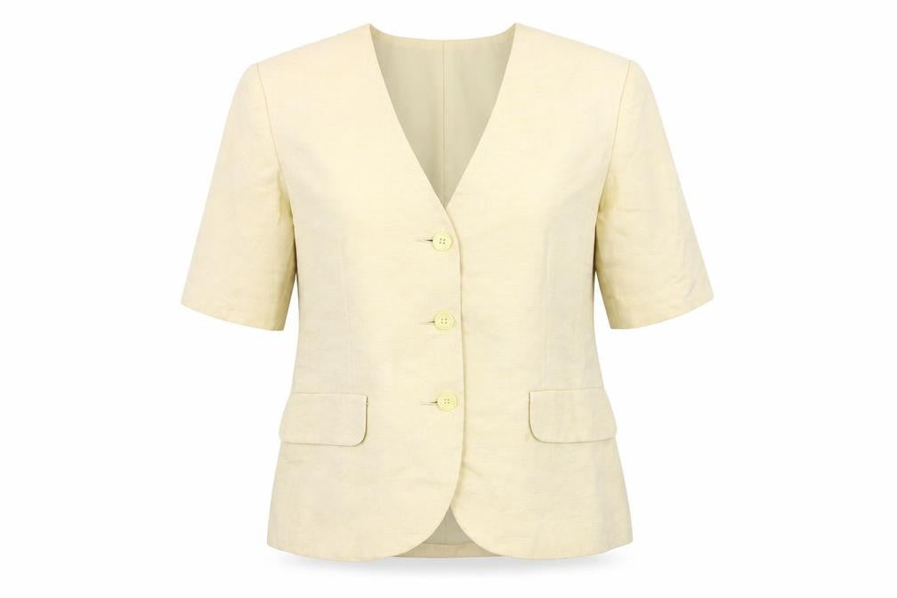 Front view of Preworn women’s beige jacket blazer, size UK 6