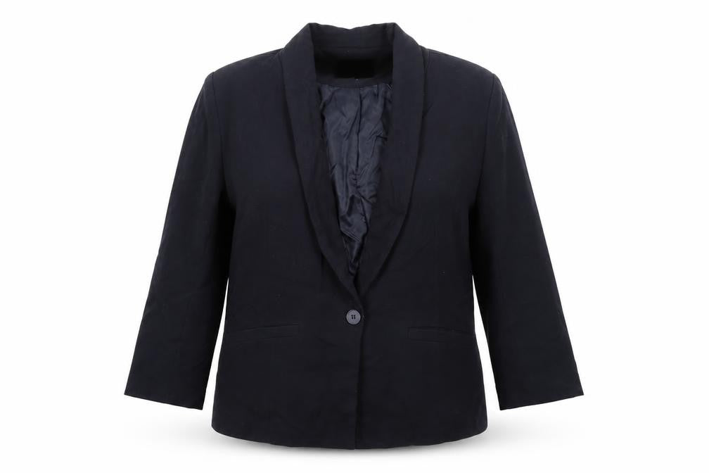 Front view of Minimum women’s blue jacket blazer, size UK 12