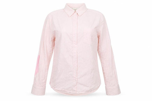 Front view of H&M women’s pink basic button-up, size UK 42
