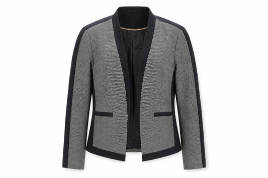 Front view of Marks & Spencer women’s black geometric jacket, size UK 12