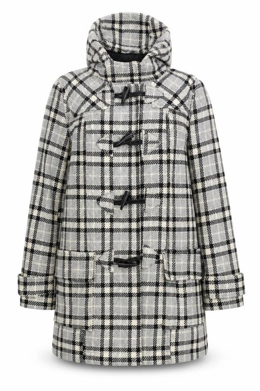 Front view of Atmosphere women’s grey check overcoat coat, size UK 10