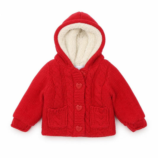 Front view of Early Days girls’ red jacket, size 0-3, months