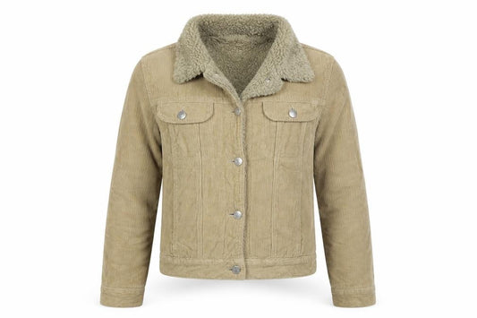 Front view of Per Una women’s beige corduroy jacket coat, size UK 8