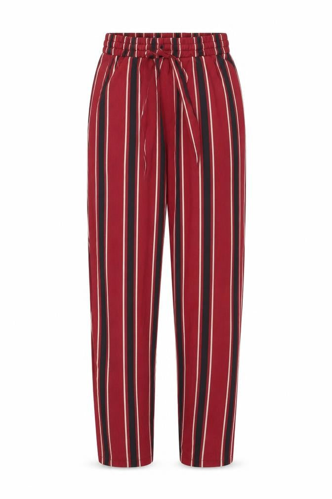 Front view of PRETTYLITTLETHING women’s red striped trousers, size UK 6, 23-inch leg