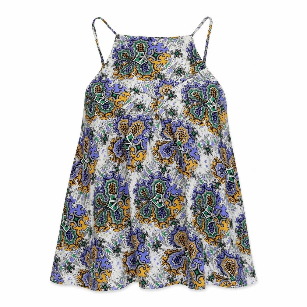 Front view of Warehouse women’s multicoloured geometric camisole tank, size UK 10