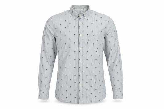 Front view of H&M men’s blue striped button-up, size M