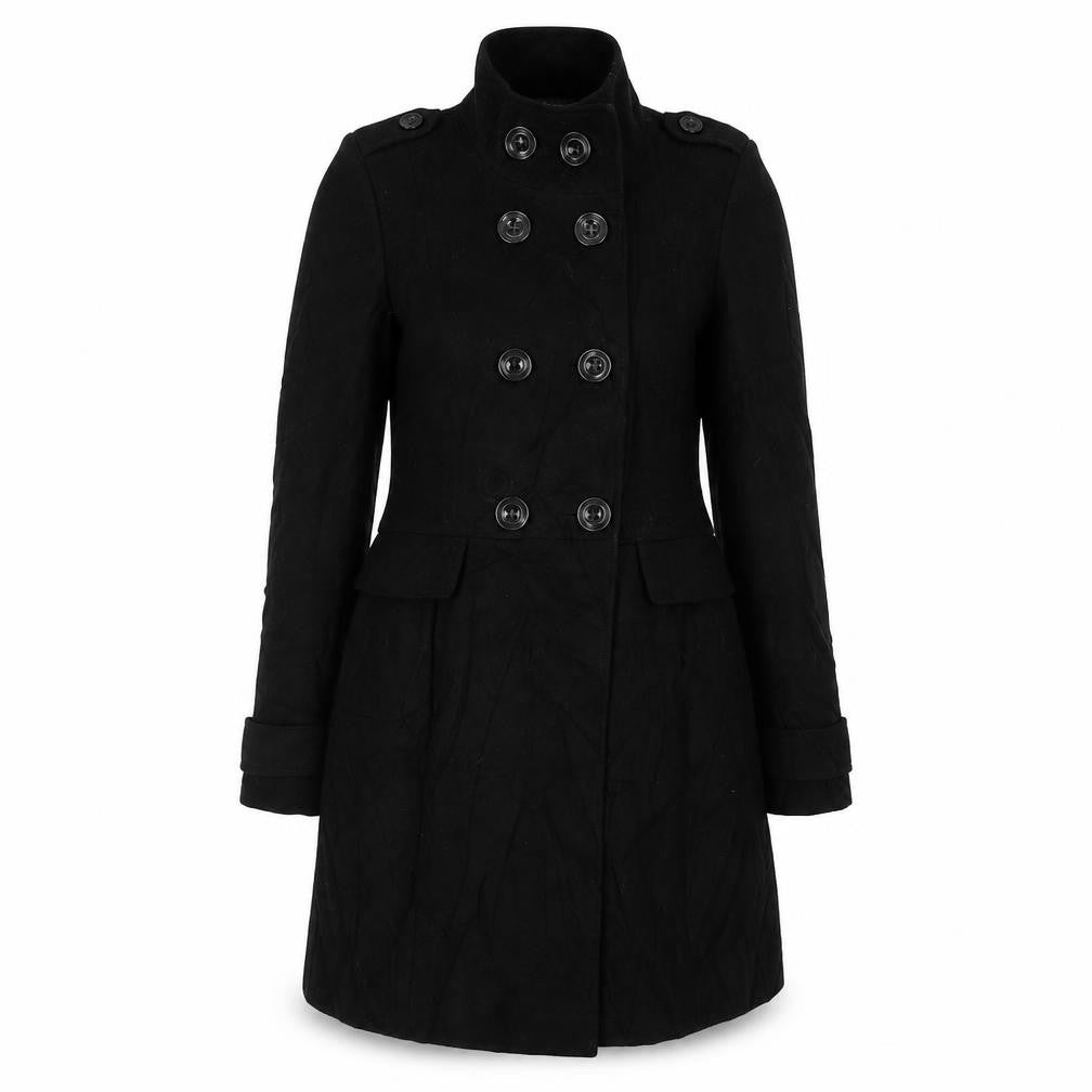 Front view of Marks & Spencer women’s black overcoat jacket, size UK 8