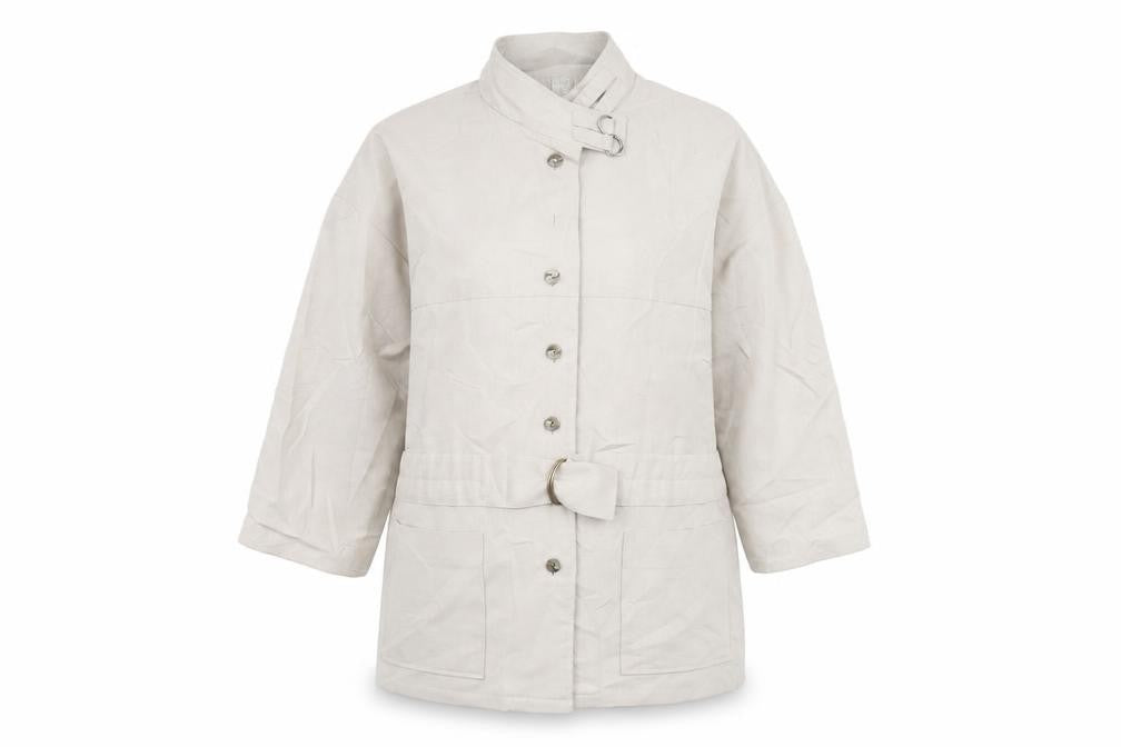 Front view of Cinch women’s beige overcoat jacket, size UK 12