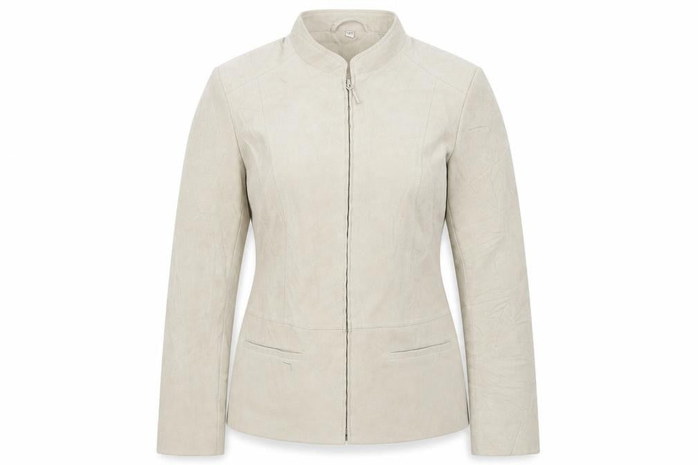 Front view of EWM women’s beige jacket, size UK 12