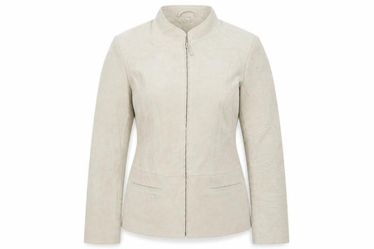 Front view of EWM women’s beige jacket, size UK 12